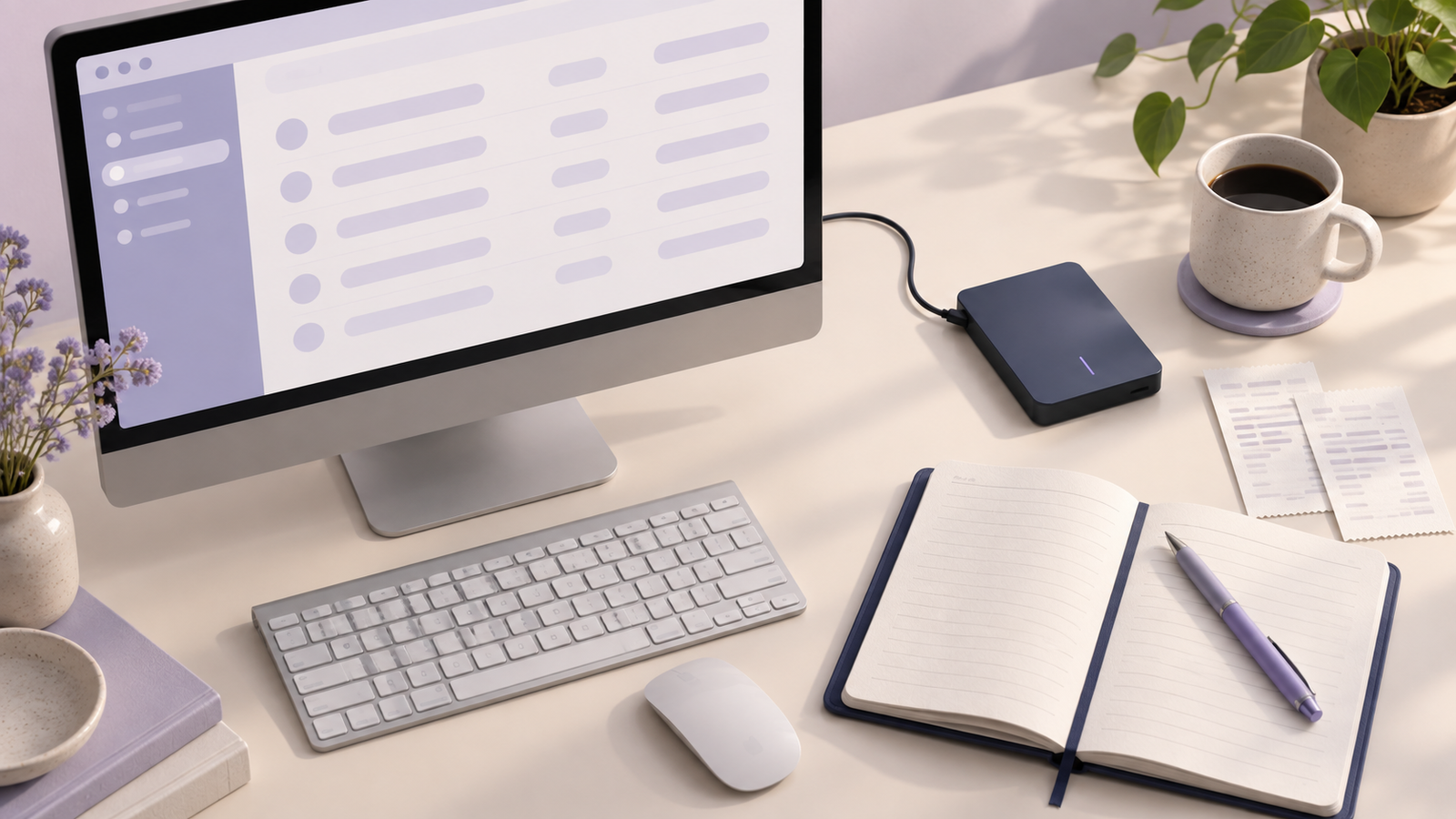 Illustration of a desktop computer, bookkeeping notebook and external backup drive